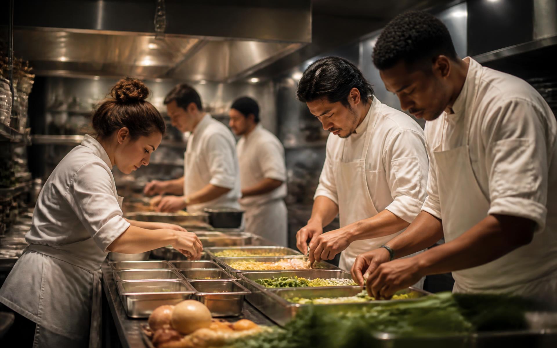 Service, from the pass — Brigade of chefs in whites preparing trays of produce along a professional kitchen bench