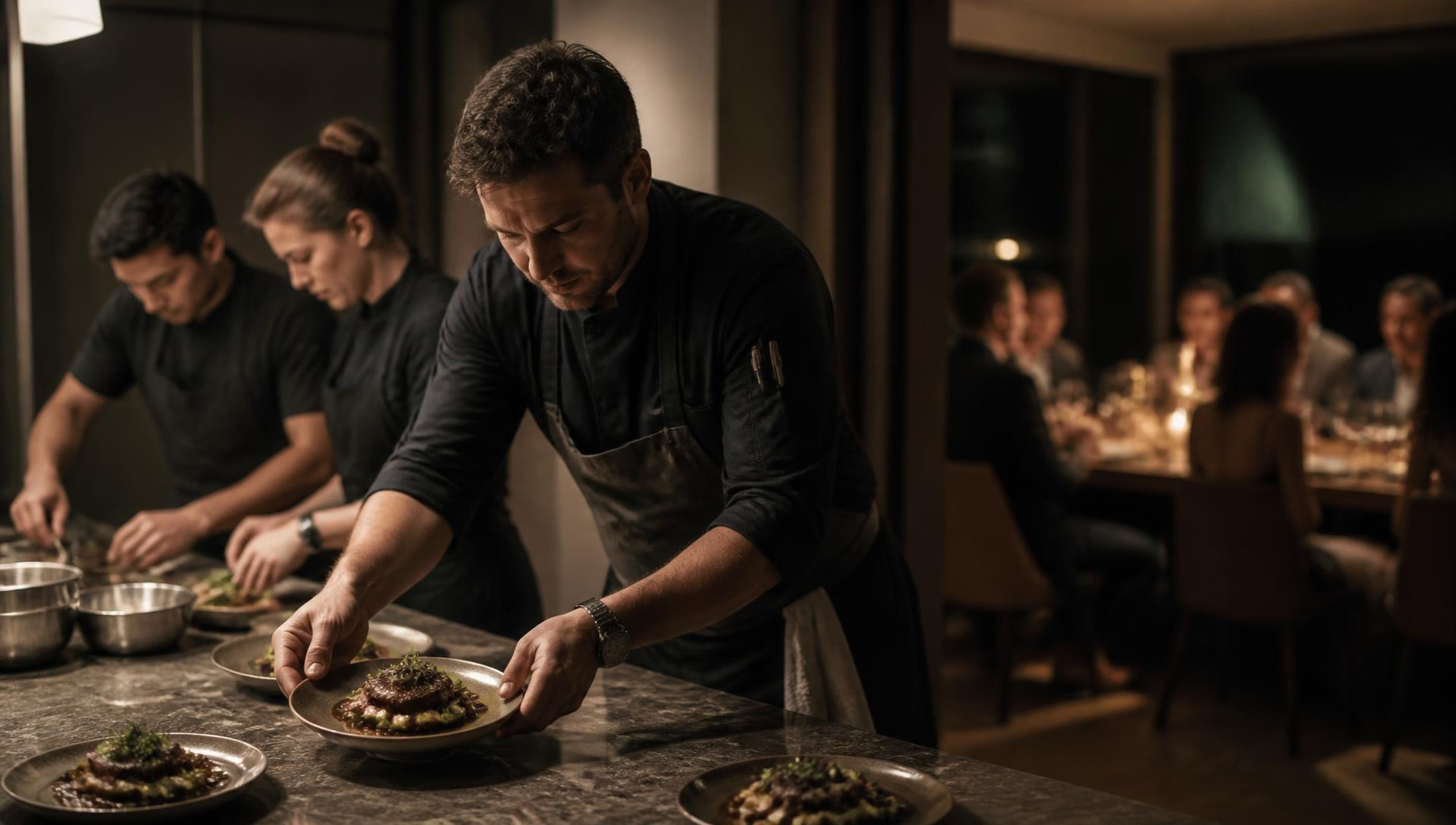 Service at Eight — Sous chef brigade plating the final course at the pass while the host and guests dine beyond the kitchen