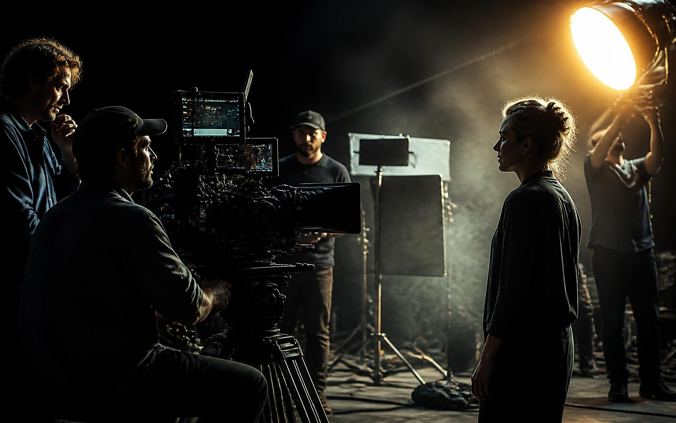 Camera and lighting crew setting up a shot on a film set