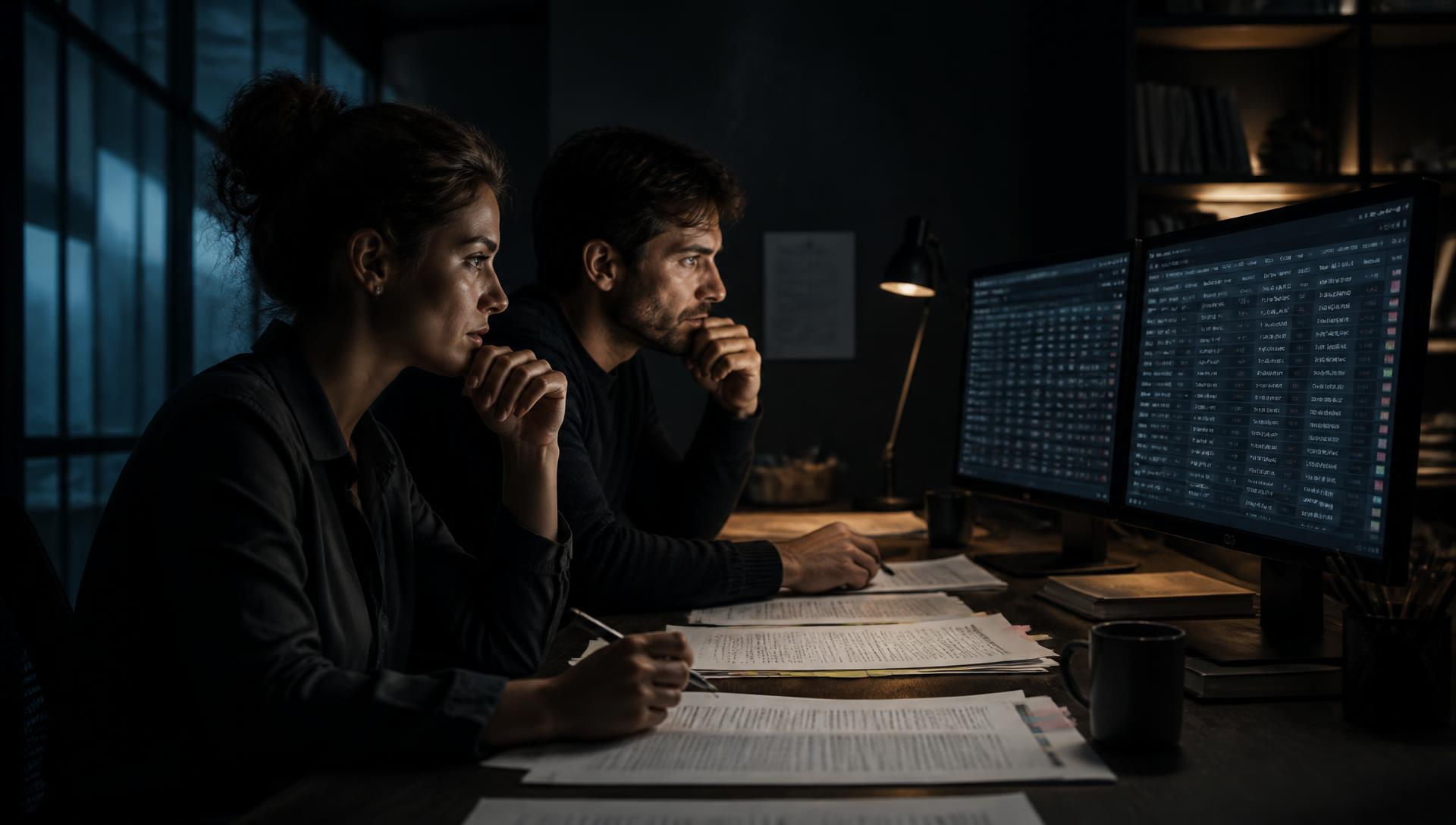 Retrieval with a citation behind every answer — Two analysts comparing an answer-quality evaluation scoreboard against tabbed source documents on a night desk
