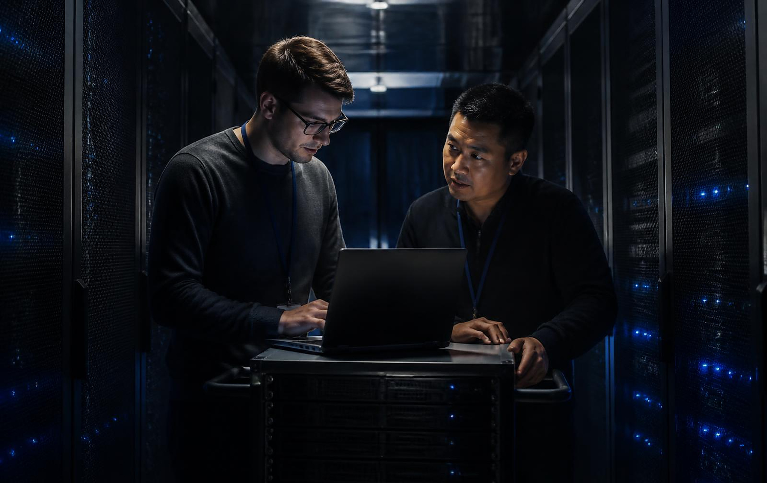 Backup and continuity — Engineers migrating a media storage estate, moving terabytes between racks in a data centre aisle