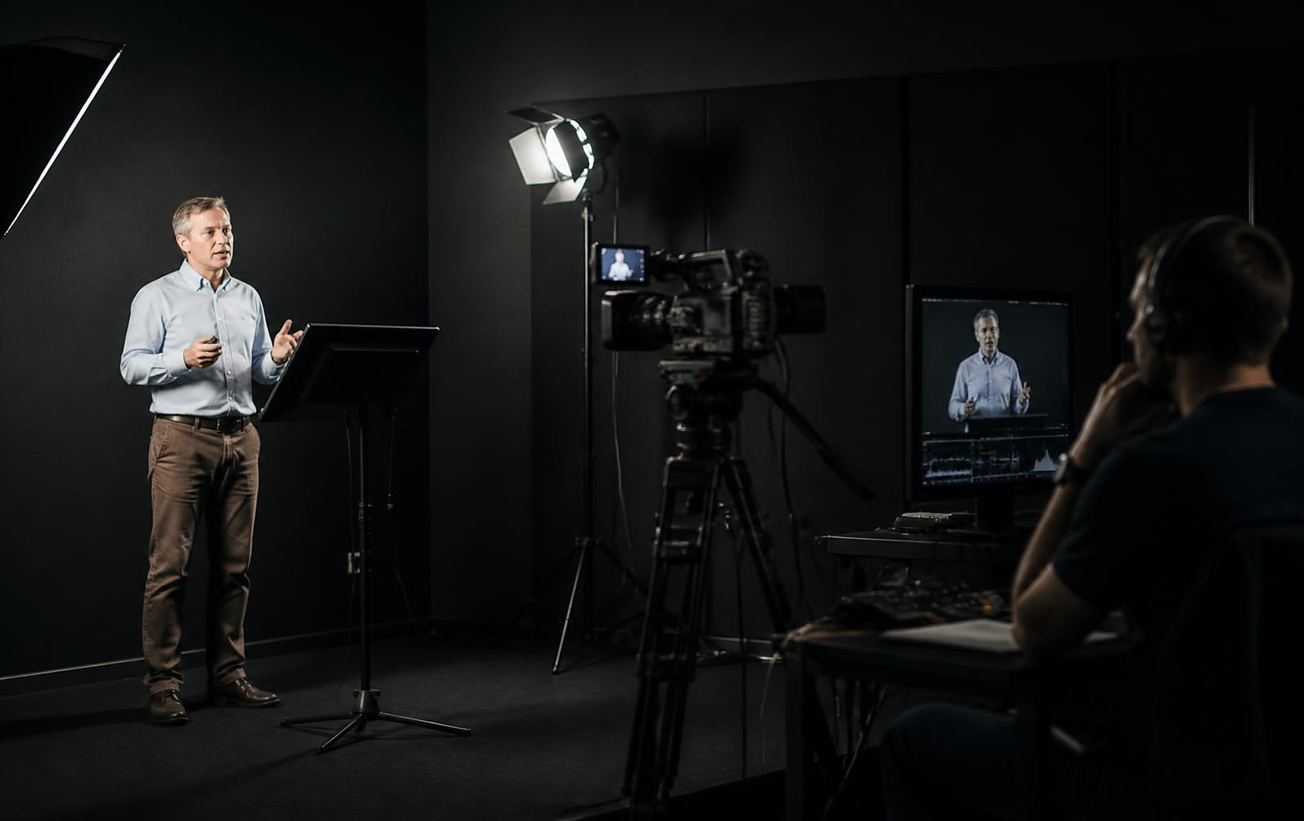 Learning studio where a practitioner records a certification training course module to camera