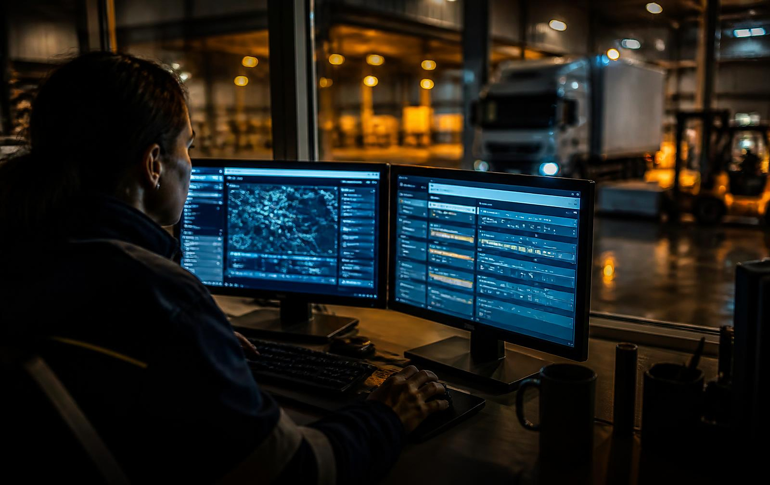 Video consultation and compliance, end to end — Logistics dispatch desk where an incoming inbox of jobs is triaged into a routing queue on screen