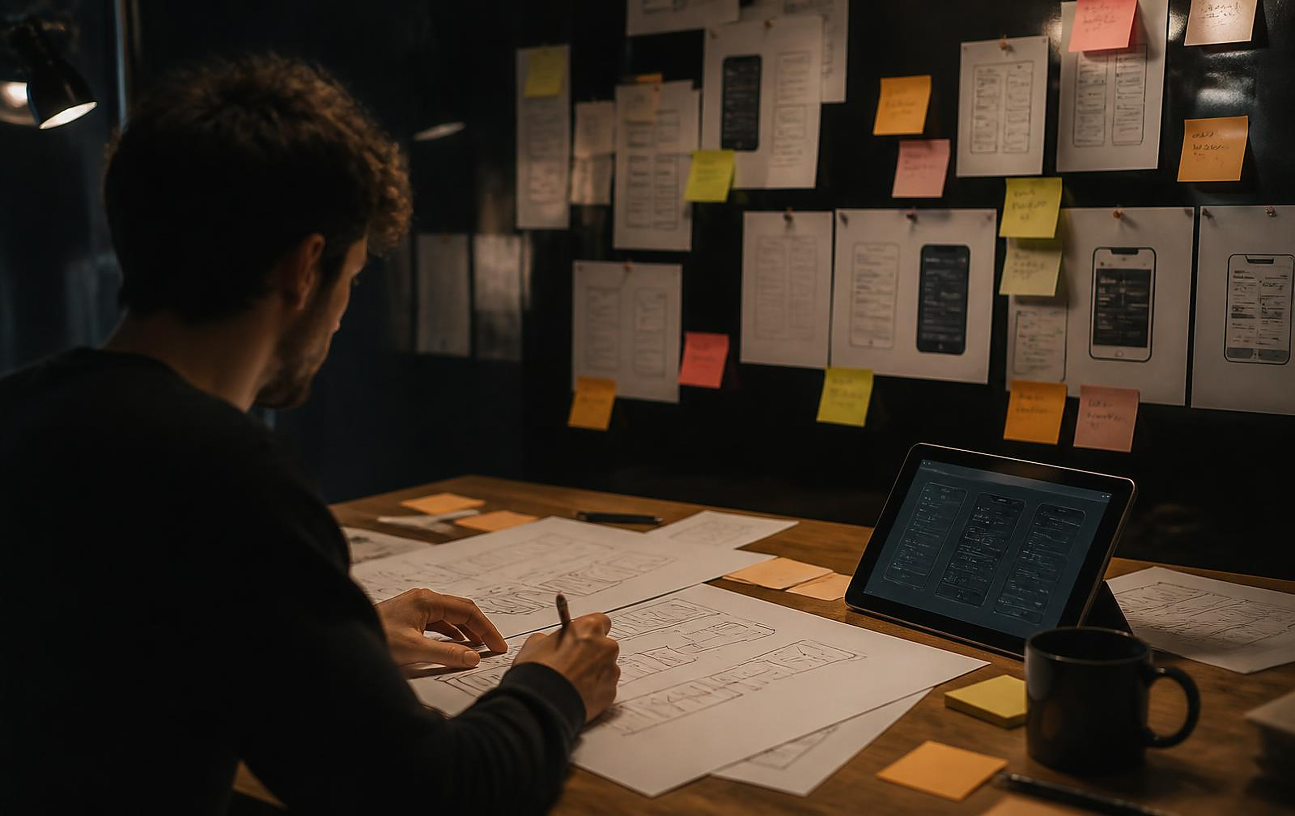 Accessibility as standard — UX designer sketching user flows and wireframes on a wall of paper frames
