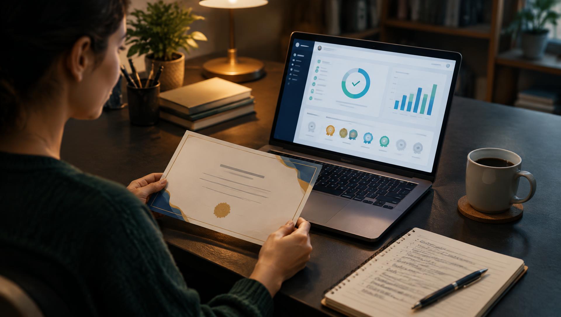 a Skills Hub learner record — Learner holding a completed course certificate beside a laptop showing their progress and certificate history