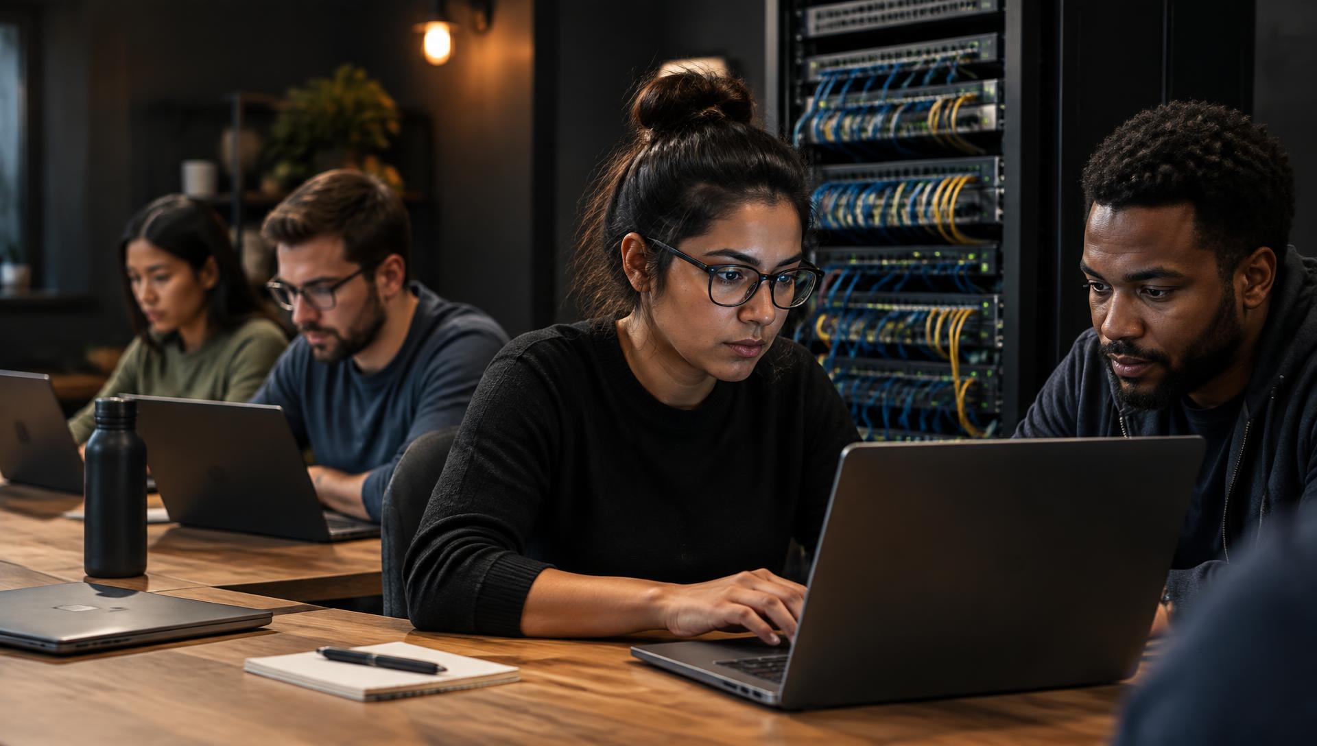 the M3CA Skills Hub catalogue — Adult learners working through networking and security exercises on laptops beside a rack of network switches