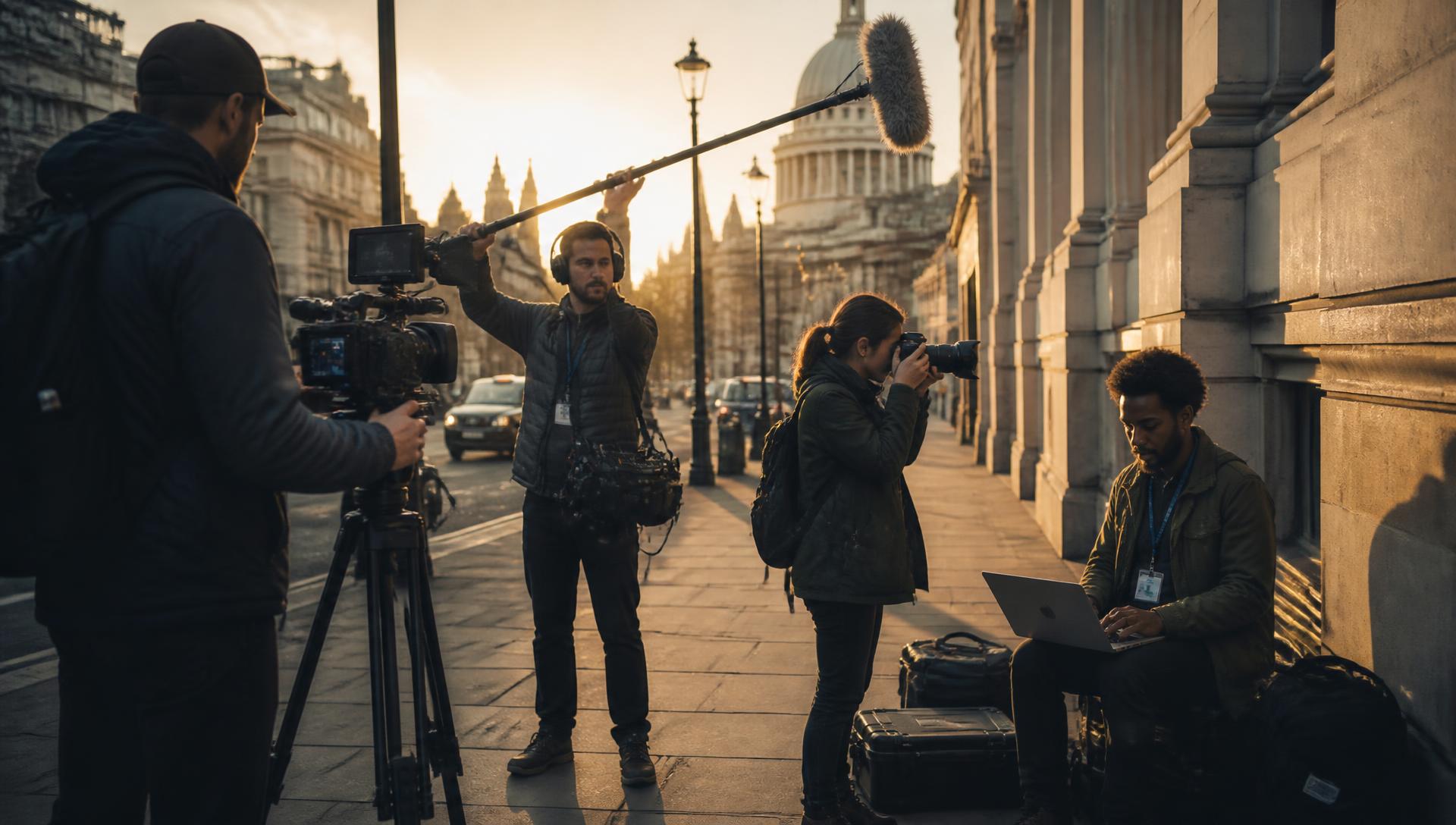 Verified freelance crew loading camera, lighting and audio kit before a booked shift