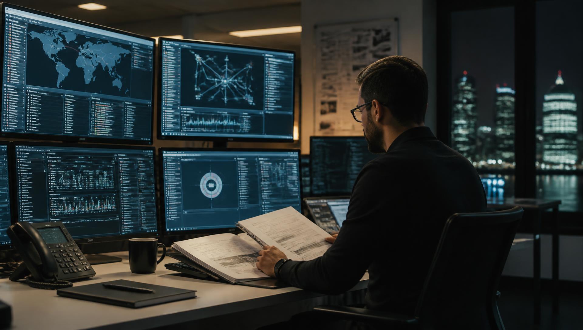 Cyber & Compliance vertical — Security analysts working an evidence board of controls, alerts and audit records