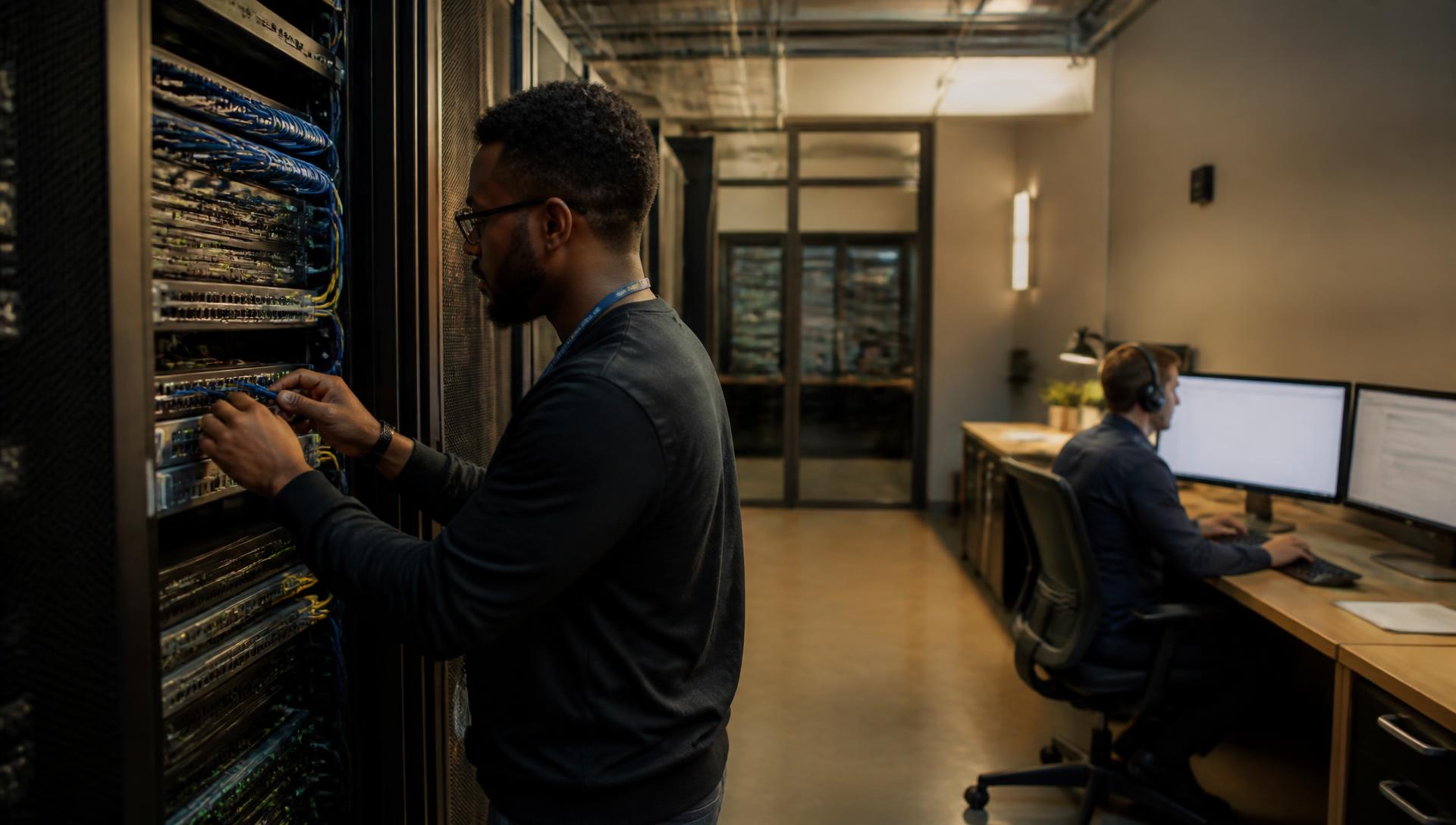 Managed IT vertical — Network operations desk with rack diagrams and live infrastructure dashboards