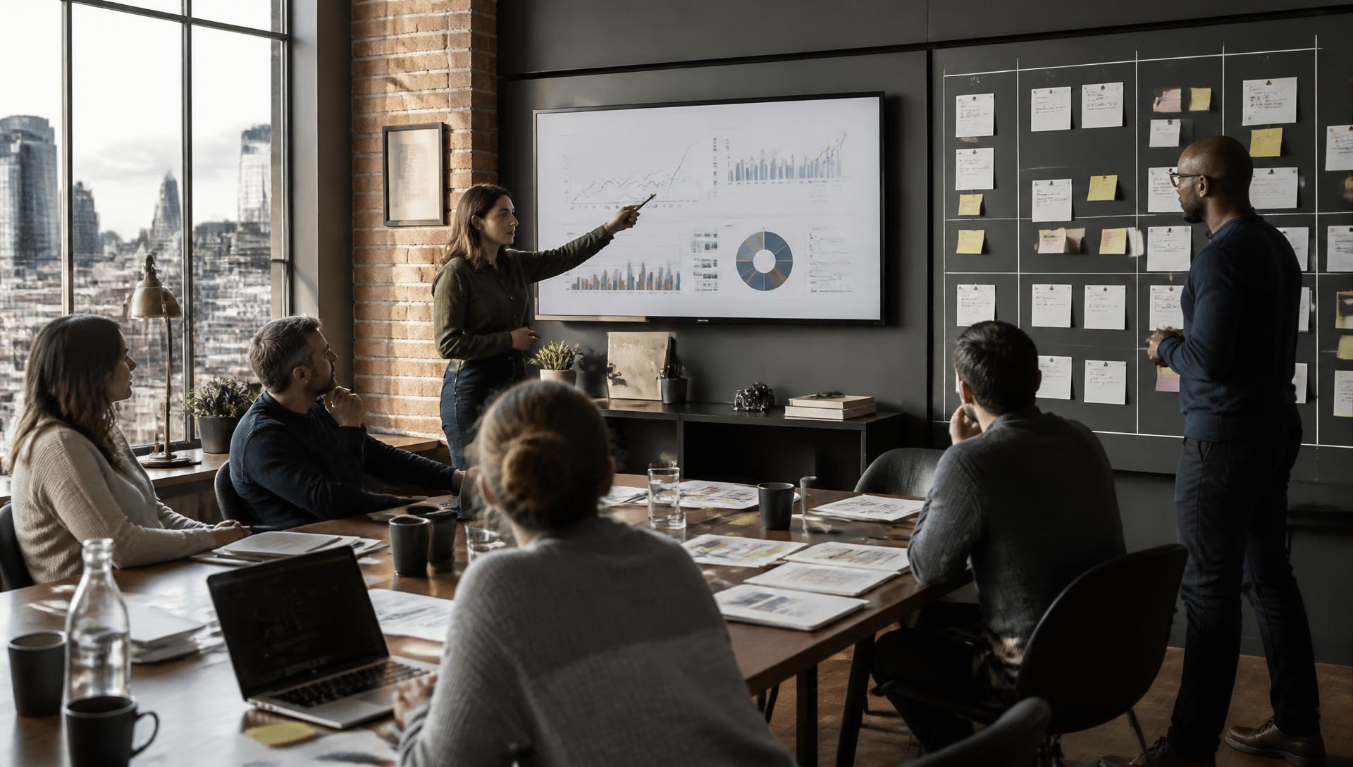 Marketing team reviewing campaign performance dashboards and pinned ad creatives in a studio