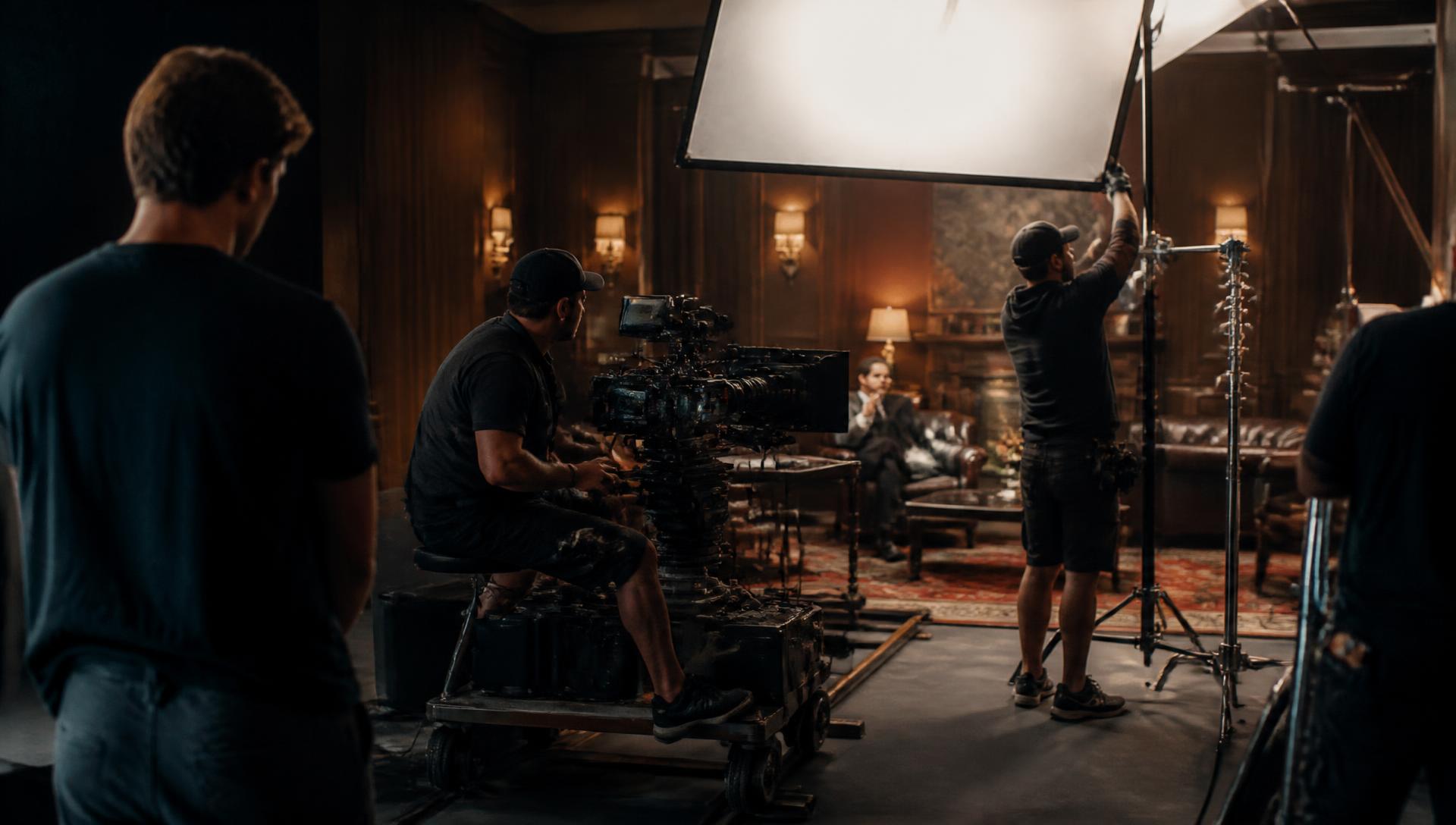Media vertical — Film crew on a working set with camera, lighting and monitors mid take